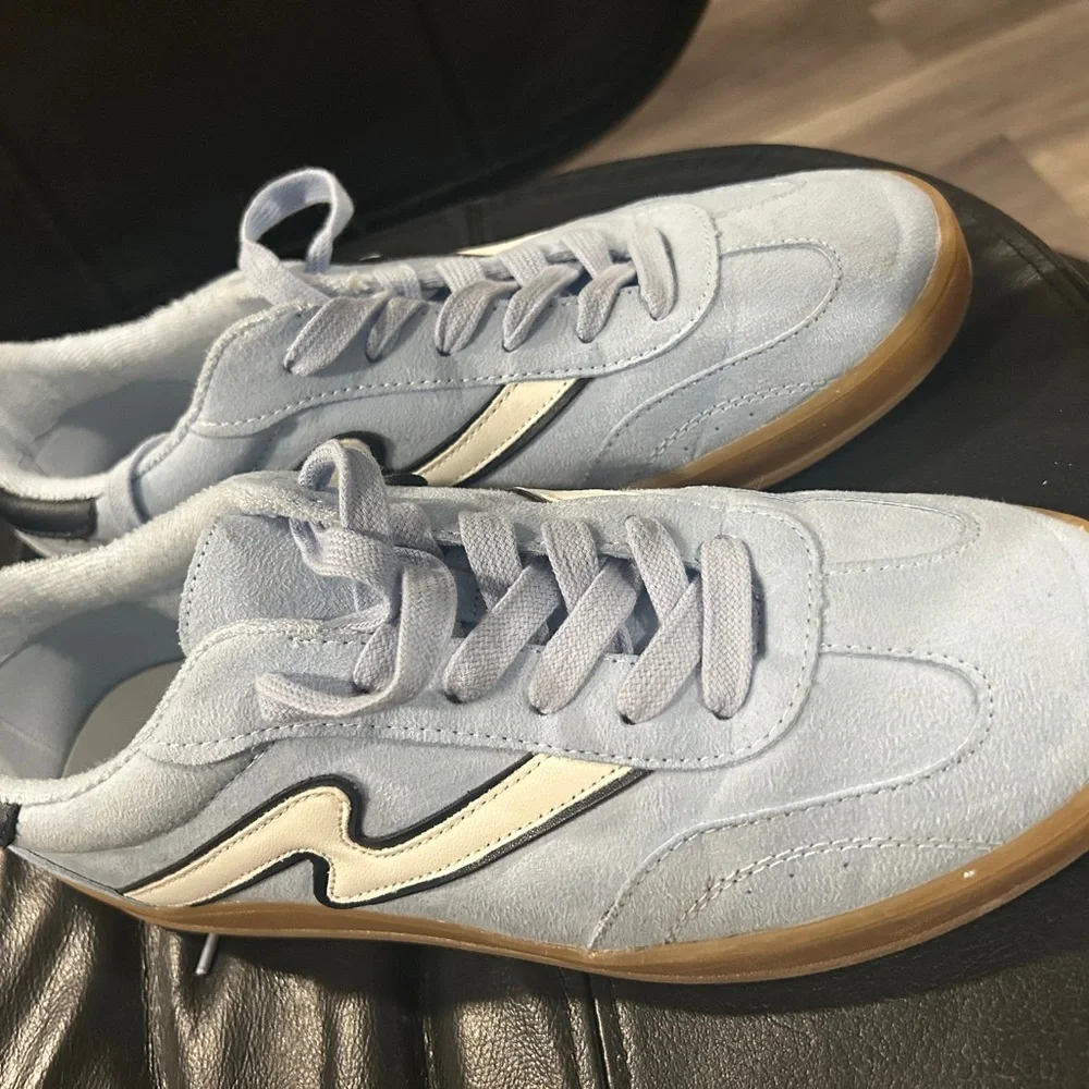 Madden Girl Light Blue Suede Sneakers with Cream Stripe and Gum Sole - Picture 10 of 12